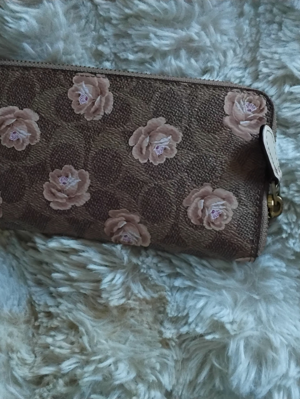 COACH Brown Signature Zip Wallet with Pink Floral Print - Picture 2 of 2